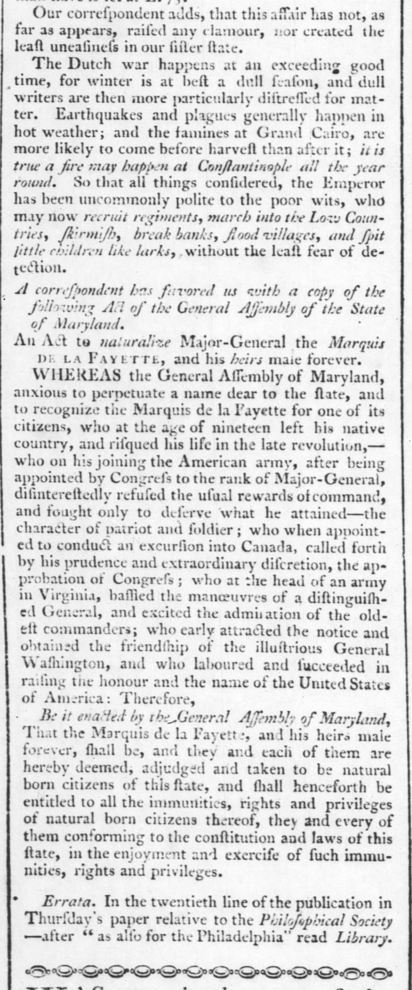 Frenchman given natural born status by Maryland 1785