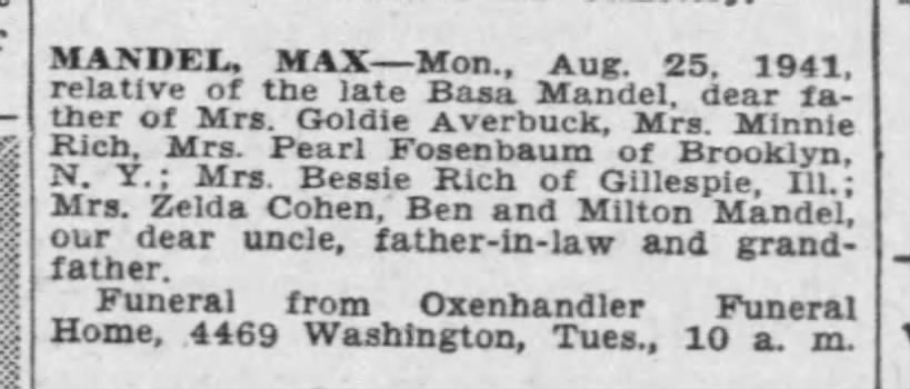 Mandel, Max
St. Louis Post Dispatch 25 Aug. 1941