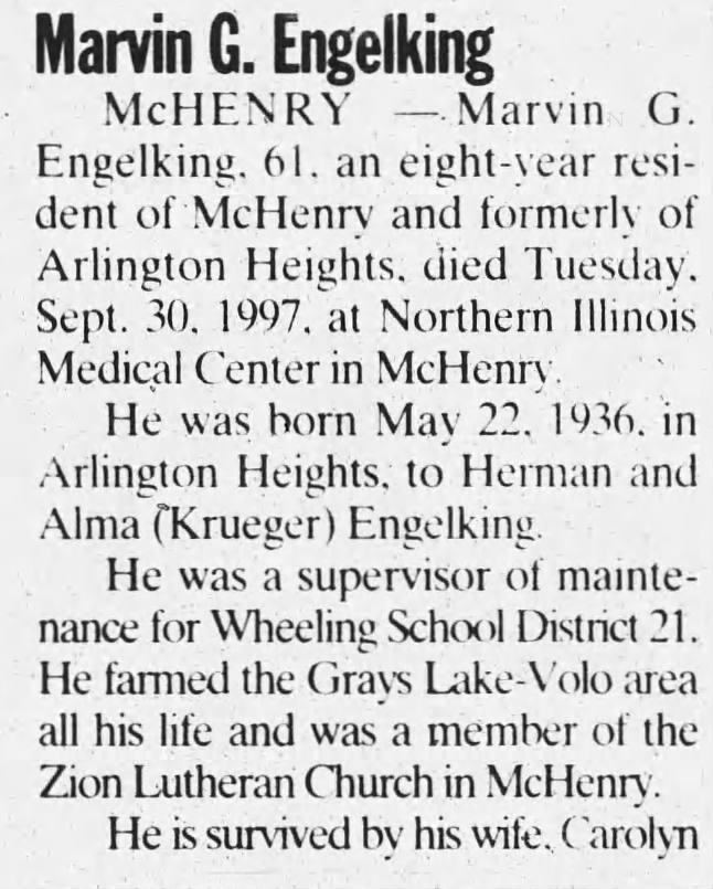 Obituary for Marvin G. Engelking, 1936-1997 (Aged 61)