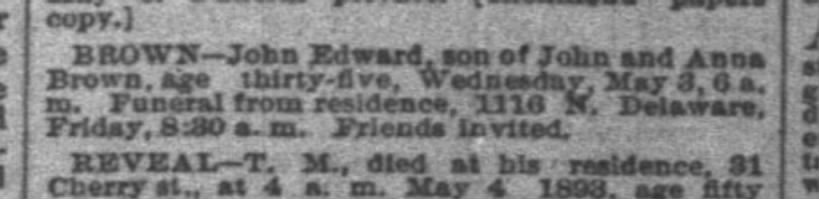 John Edward Brown Obituary - Indianapolis News 4 May 1893