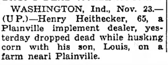 Henry Heithecker death 22 Nov 1937 Plainville, IN