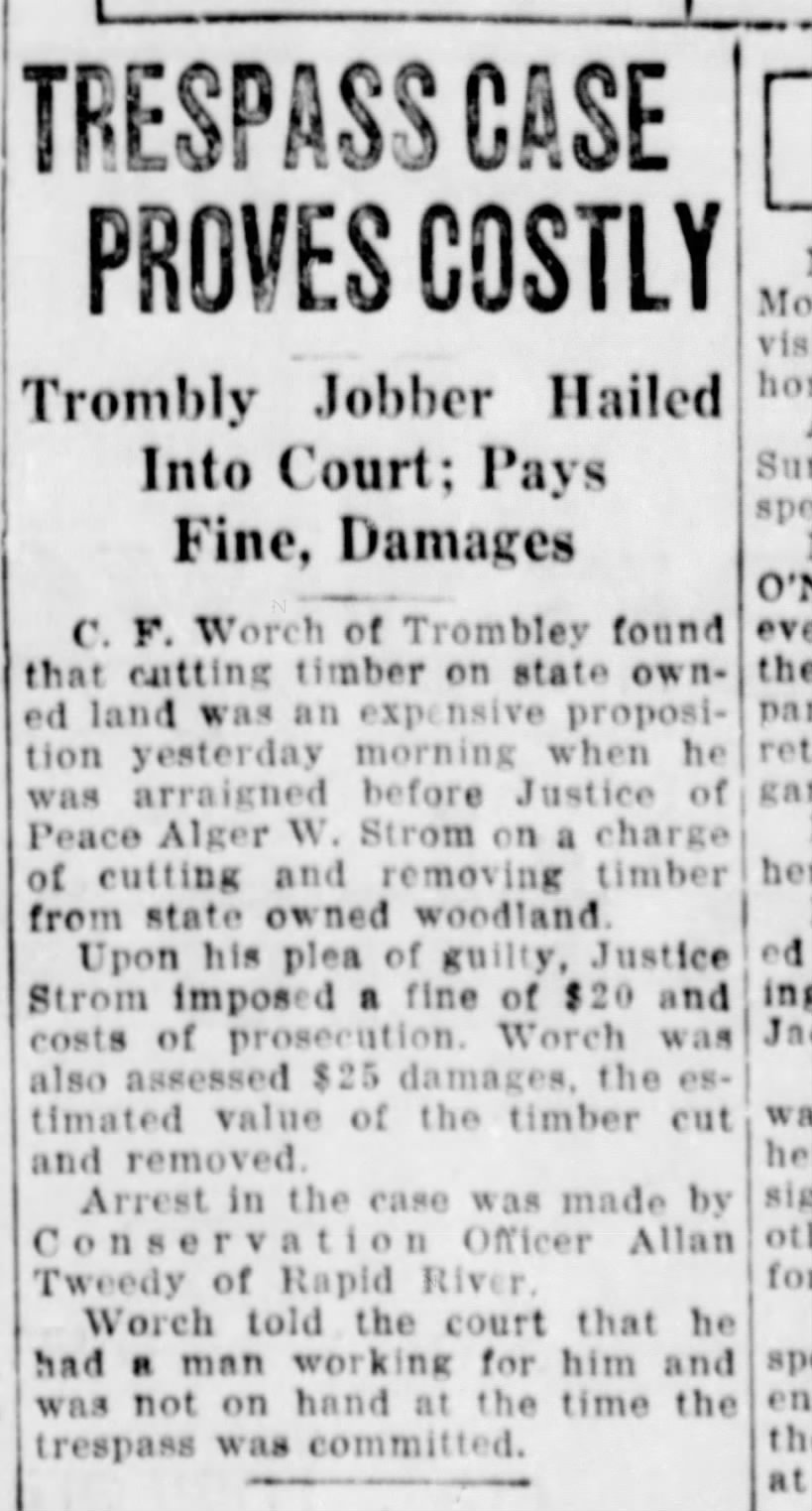chris worch trespassing state land escanaba daily news 30 sept 1942