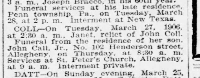 Janet death notice from the pittsburgh press march 27, 1906