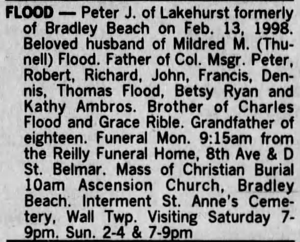 Death Notice for Peter J. Flood