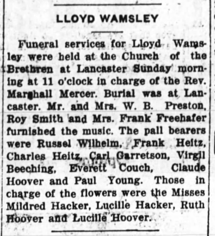 lloyd wamsley death 26 jan 1920