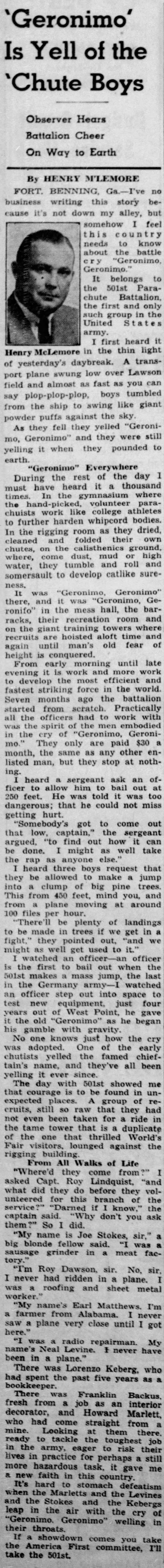 'Geronimo' Is Yell of the 'Chute Boys