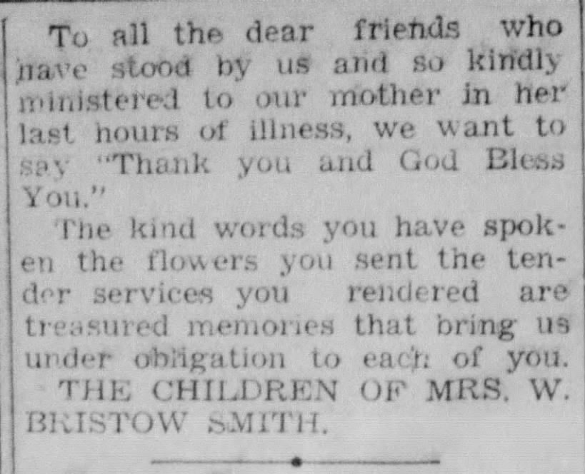Mrs. W. B. Smith children thanks - McKinney Courier-Gazette - Sept. 1, 1943