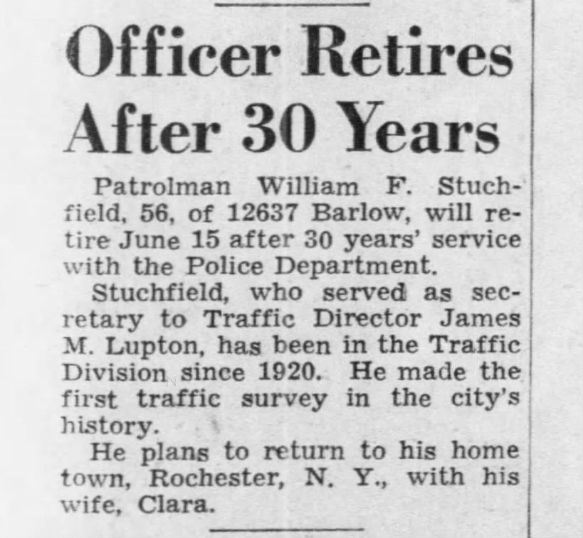 Retirement of William F. Stuchfield, patrolman, Detroit, MI, 15 Jun 1947.