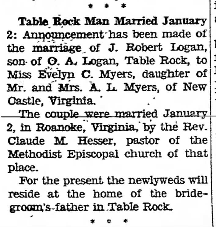 J. Robert Loagan marries Evelyn C. Myers.  G-burg Times 21 Jan. 1949