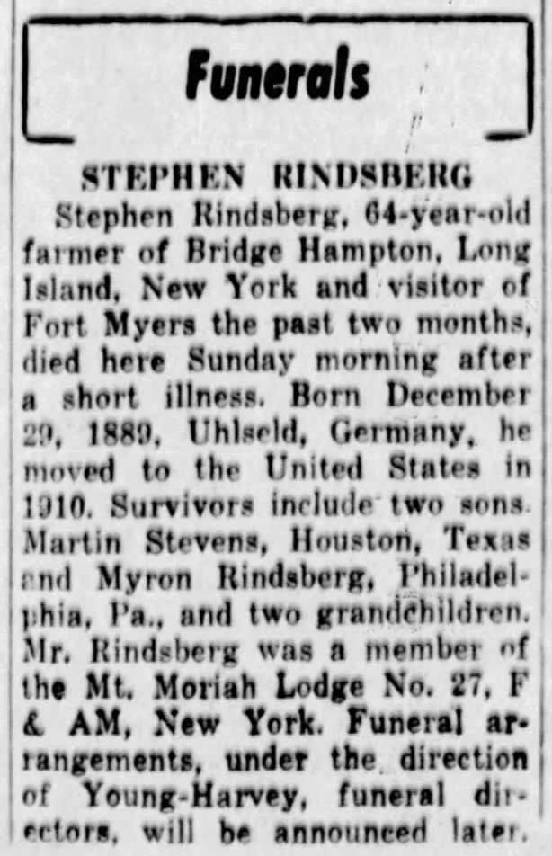 Funeral of Stephen Rindsberg (1889-1954)