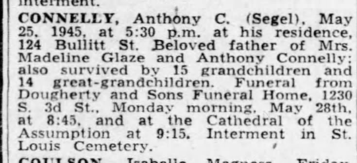 1945 Obituary for Anthony Connelly