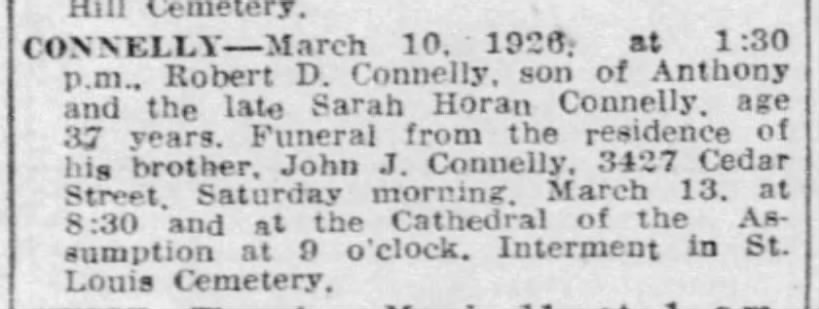 1926 Obituary for Robert Connelly
