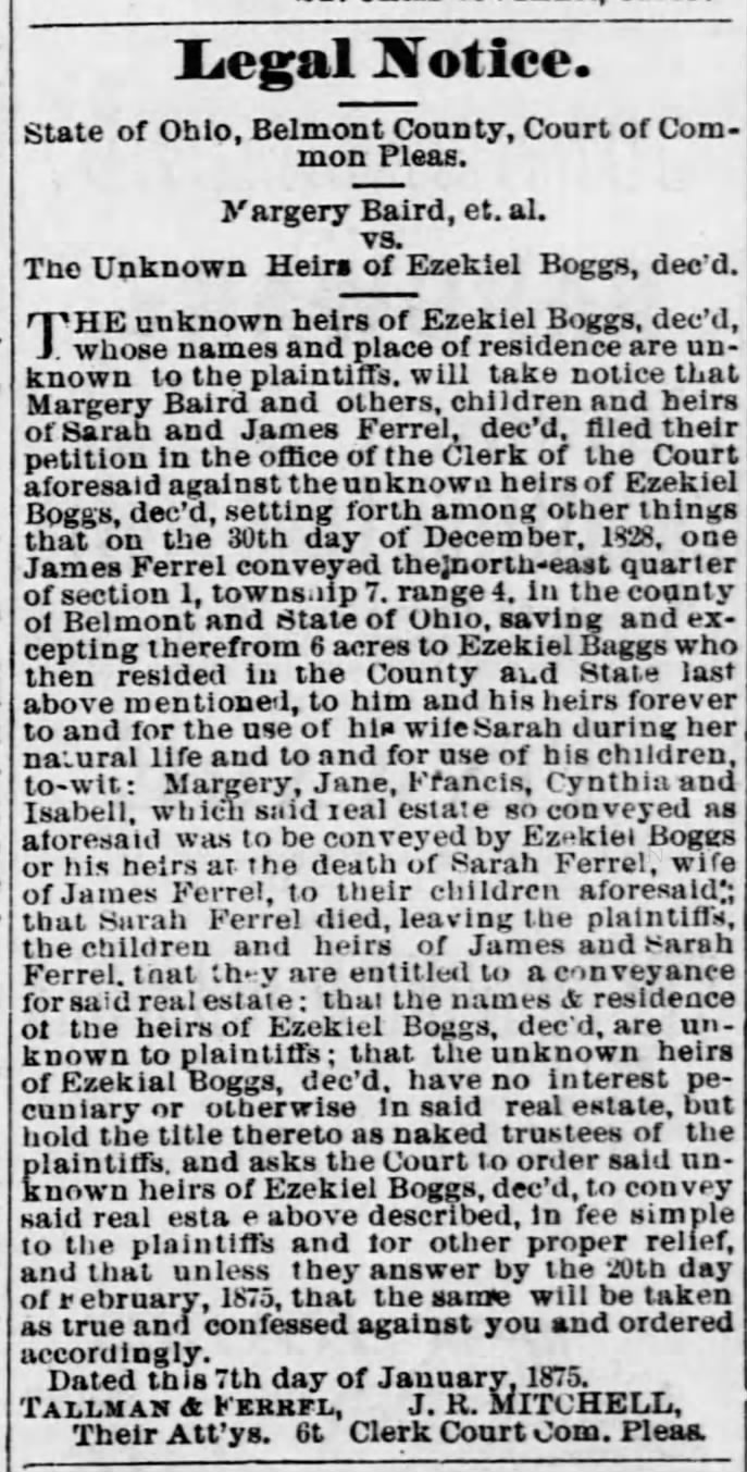 Margery Ferrel - Ezekiel Boggs - Legal Notice - 07 Jan 1875