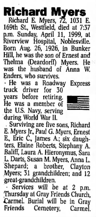 Richard E Myers obituary, The Kokomo Tribune (Kokomo IN), Tues, 13 April 1999, pg 11
