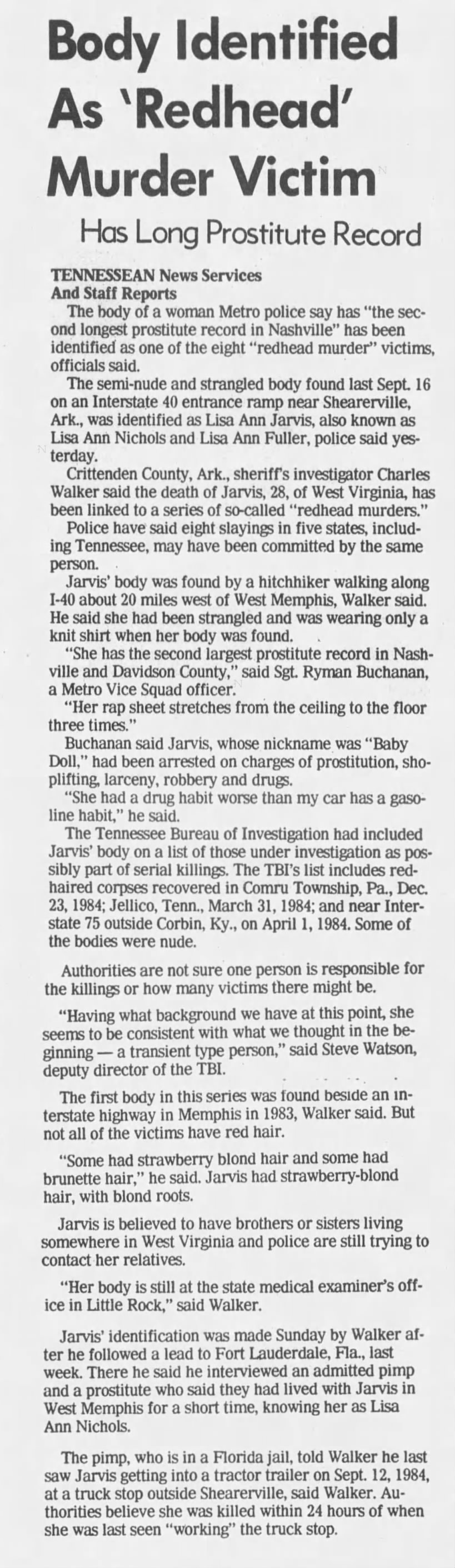 June 26, 1985 "Body Identified As 'Redhead' Murder Victim"