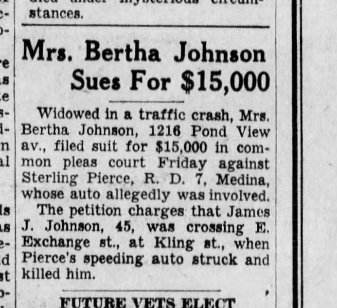 Mrs Bertha Johnson sues when husband, James J Johnson, 45, was crossing a road.