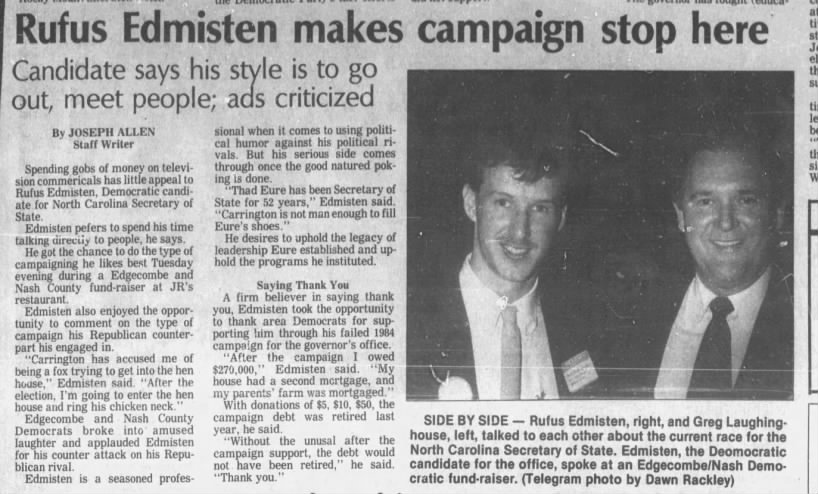 Greg Laughinghouse discusses current campaign with NC Secretary of State Rufus Edmisten - 1988
