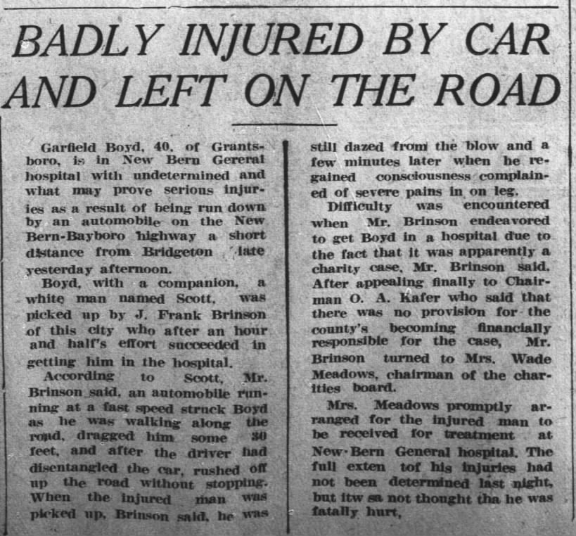 Garfield Boyd 40 of Grantsboro 1924 auto accident