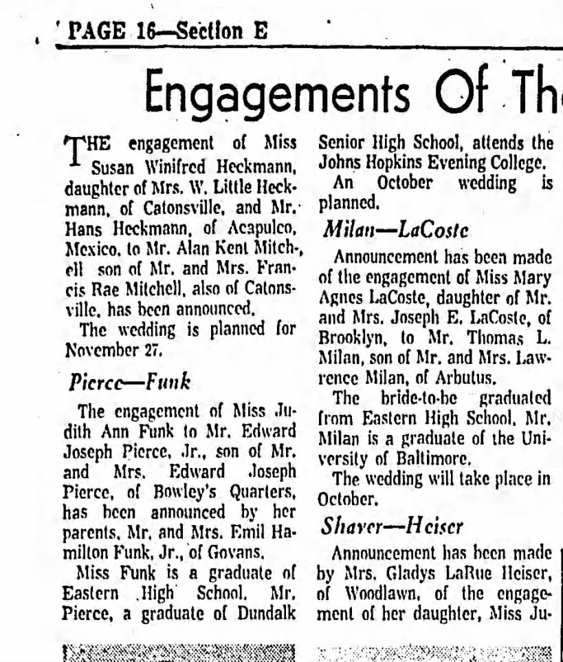 THE SUN, BALTIMORE, SUNDAY MORNING, UGUST 29, 1965
Engagements Of The Week
Pierce--Funk