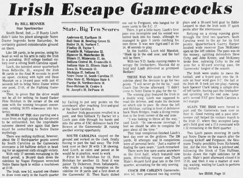Irish escape Gamecocks