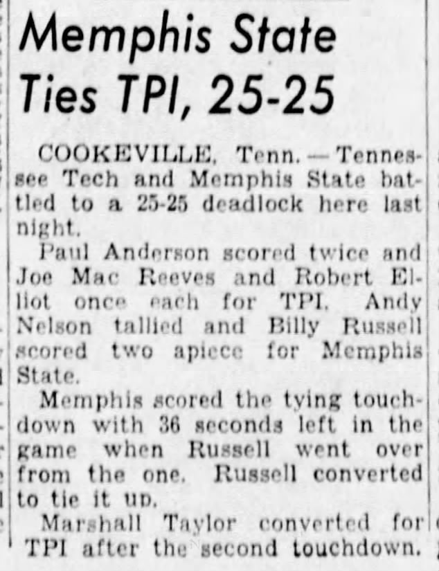 Memphis State ties TPI, 25–25