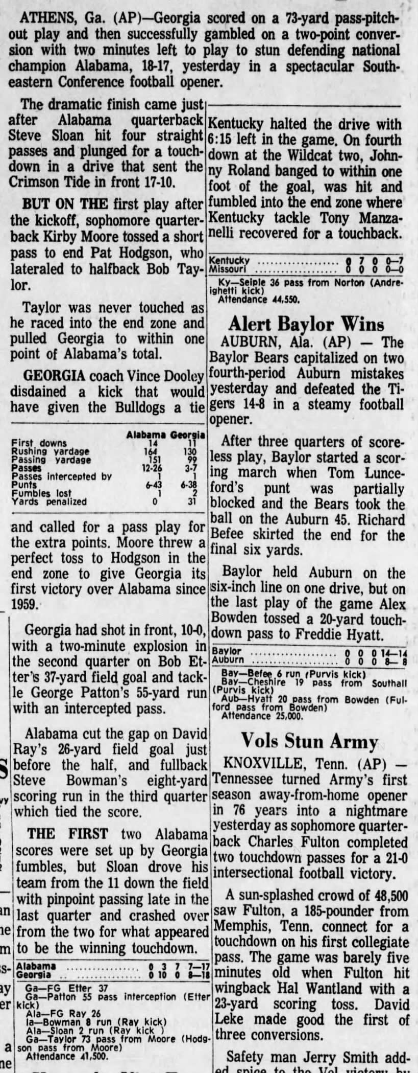 Explosive Georgia upsets Alabamans, 18–17