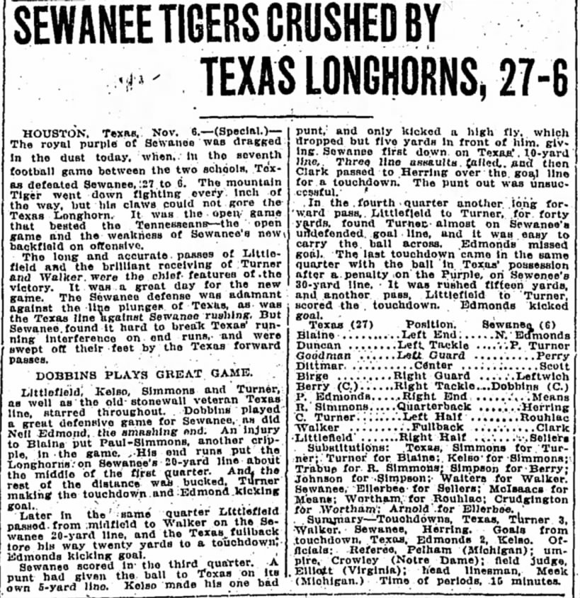 Sewanee Tigers crushed by Texas Longhorns, 27–6