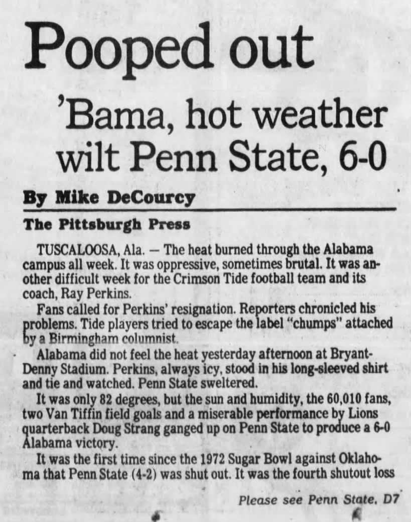 Pooped out, Bama hot weather wilt Penn State, 6–0