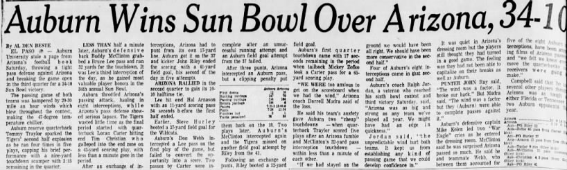 Auburn wins Sun Bowl over Arizona, 34–10