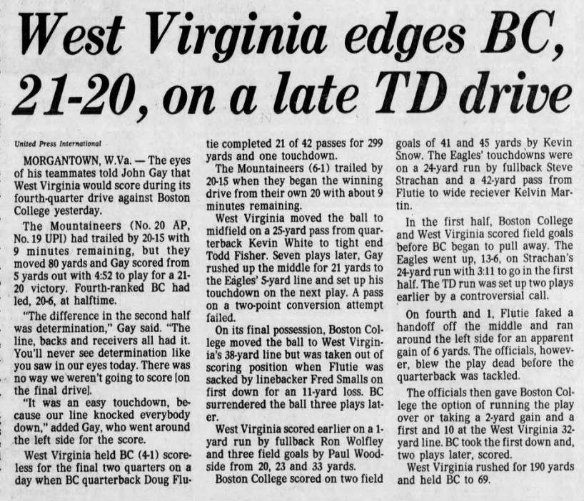 West Virginia edges BC, 21–20, on a late TD drive