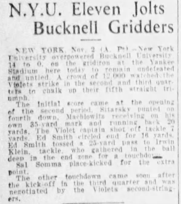 N.Y.U. eleven jolts Bucknell gridders