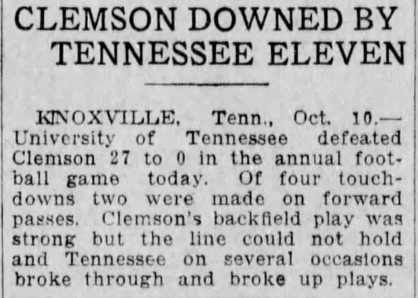 Clemson downed by Tennessee eleven