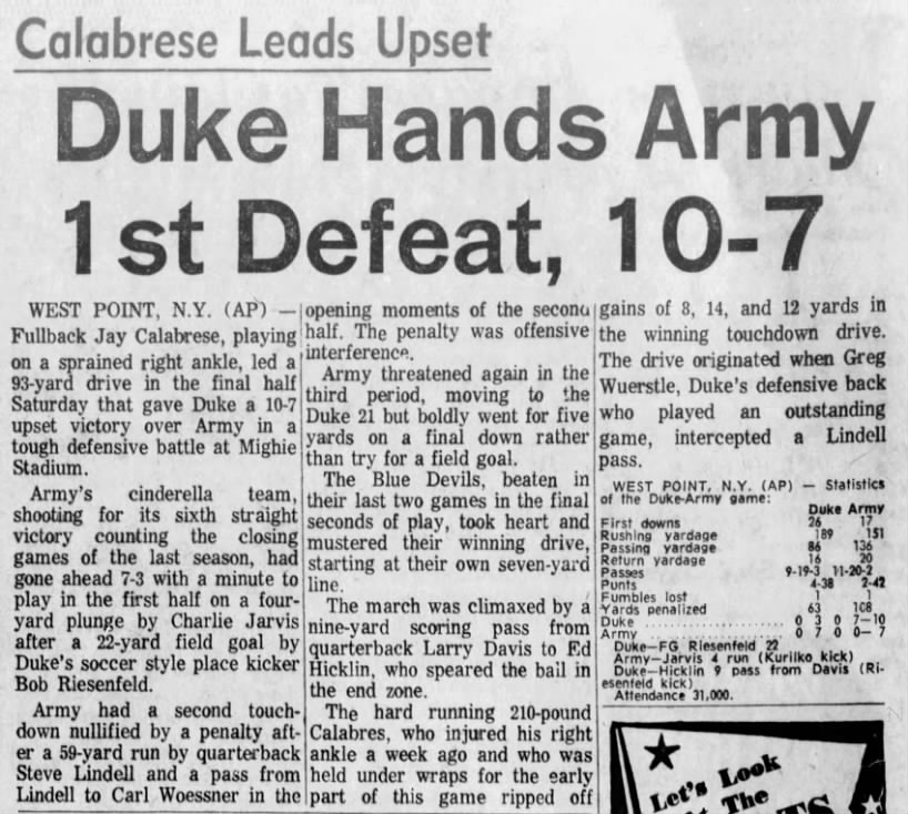 Duke hands Army 1st defeat, 10–7