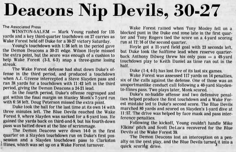 Deacons nip Devils, 30–27
