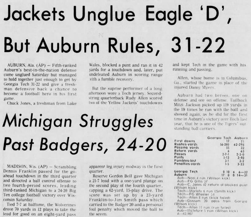 Jackets unglue Eagle 'D', but Auburn rules, 31–22