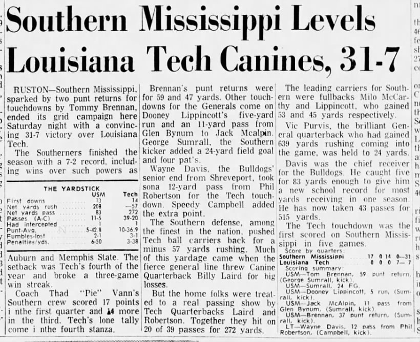 Southern Mississippi levels Louisiana Tech canines, 31–7