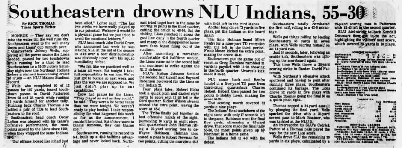 Southeastern drowns NLU Indians, 55–30