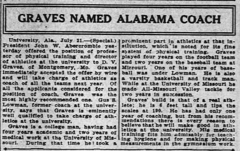 The Atlanta Constitution, "Graves named Alabama coach" July 22, 1911, p. 8