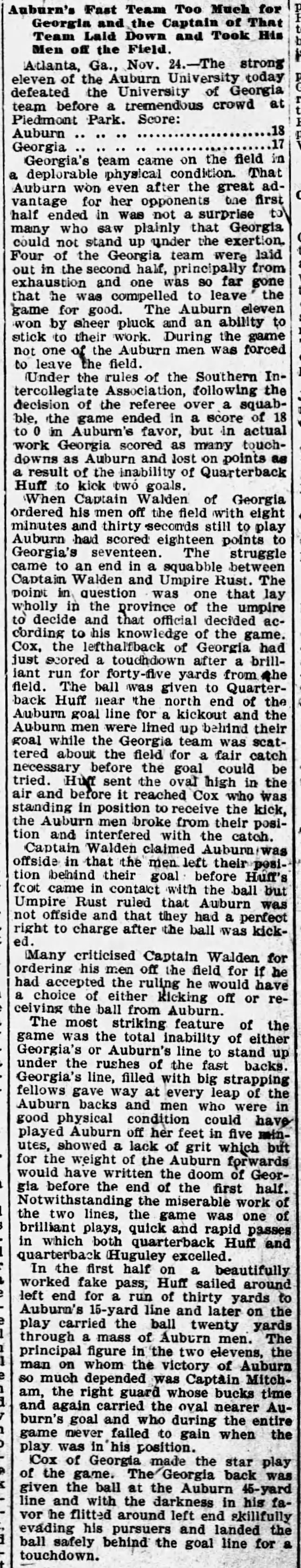 Auburn's fast team too much for Georgia and the captain of that team laid down and took his men off
