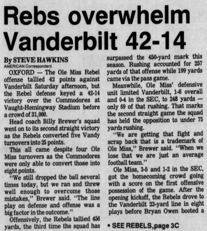 Rebs overwhelm Vanderbilt 42–14