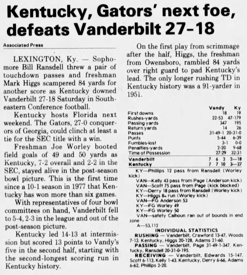 Kentucky, Gators' next foe, defeats Vanderbilt 27–18