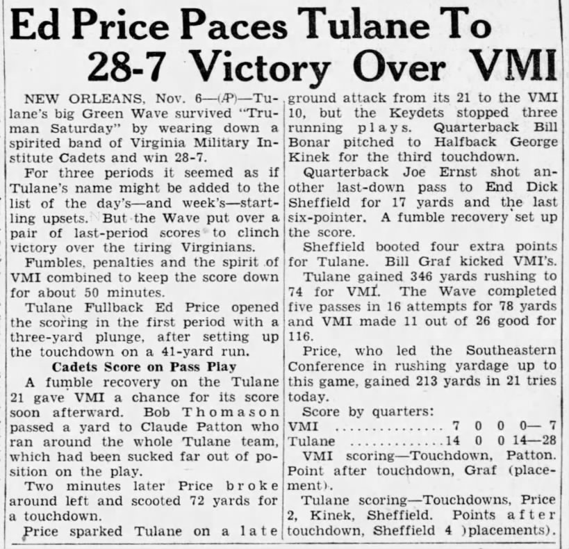 Ed Price paces Tulane to 28–7 victory over VMI