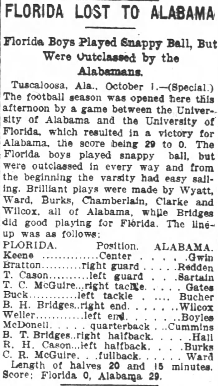 "Florida lost to Alabama," The Atlanta Constitution, October 2, 1904, p. 5