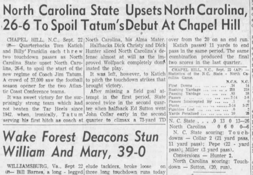 North Carolina State upsets North Carolina, 26–6 to spoil Tatum's debut at Chapel Hill