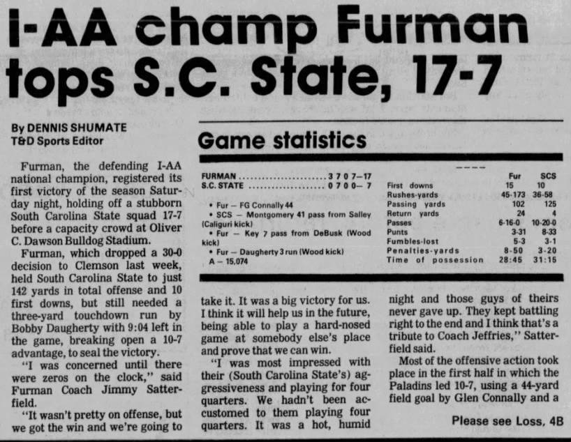 I-AA champ Furman tops S.C. State, 17–7