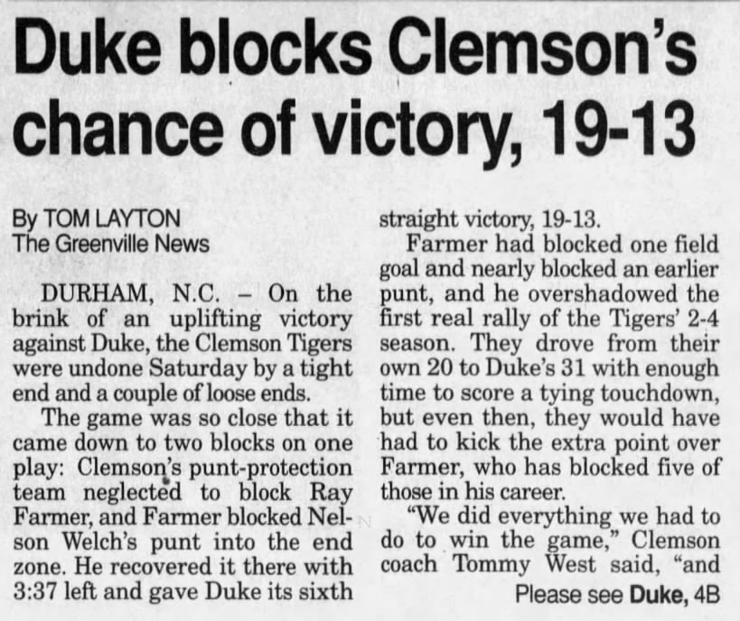 Duke blocks Clemson's chance of victory, 19–13