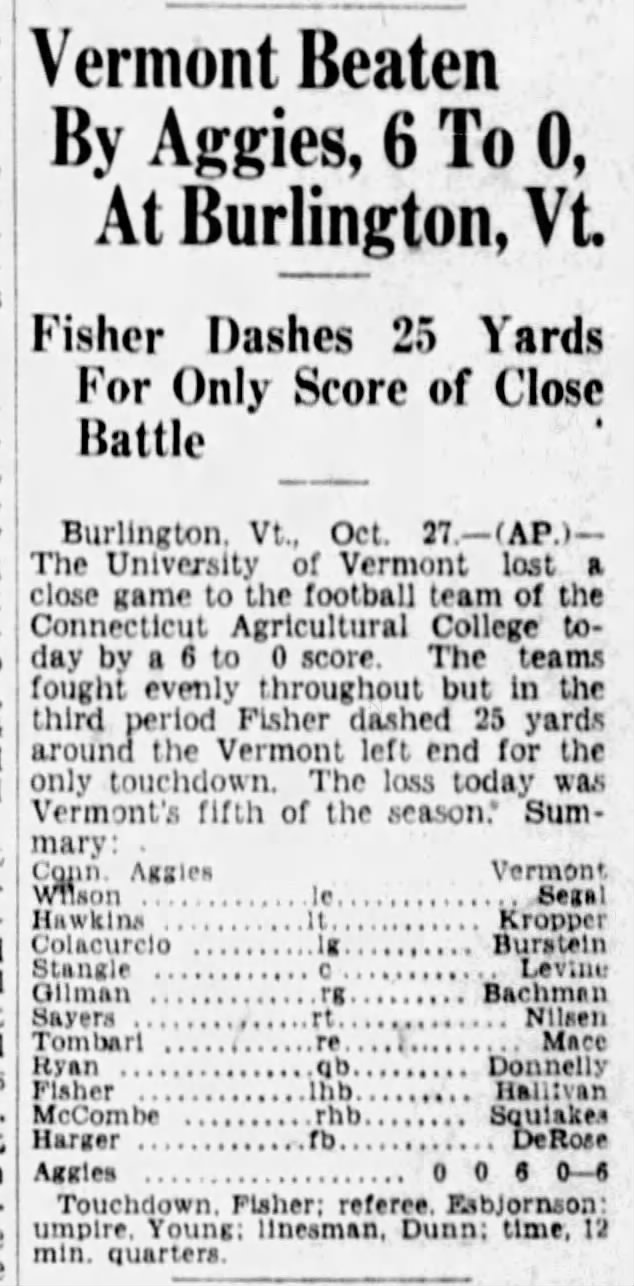 Vermont beaten by Aggies, 6 to 0, at Burlington, Vt.