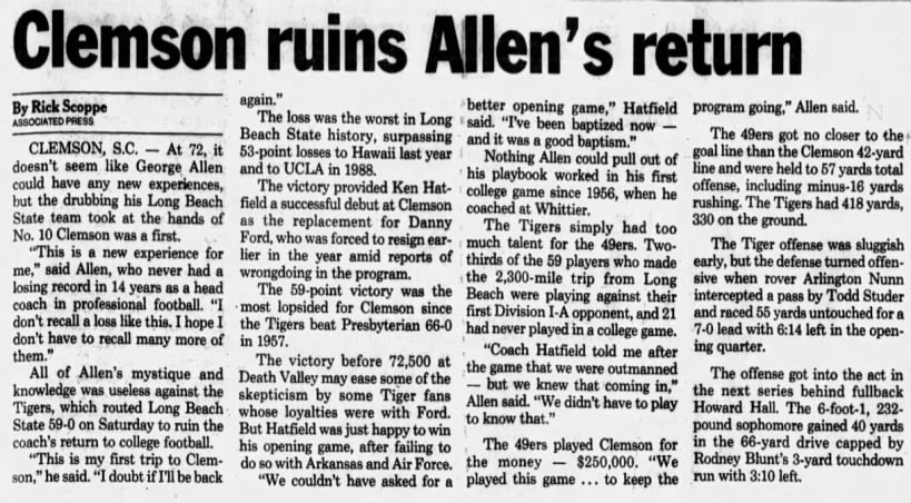 Clemson ruins Allen's return