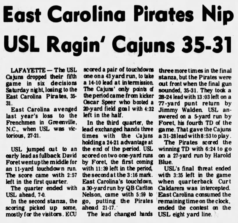 East Carolina Pirates nip USL Ragin' Cajuns 35–31