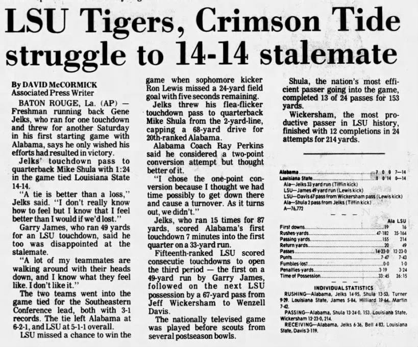 LSU Tigers, Crimson Tide struggle to 14–14 stalemate